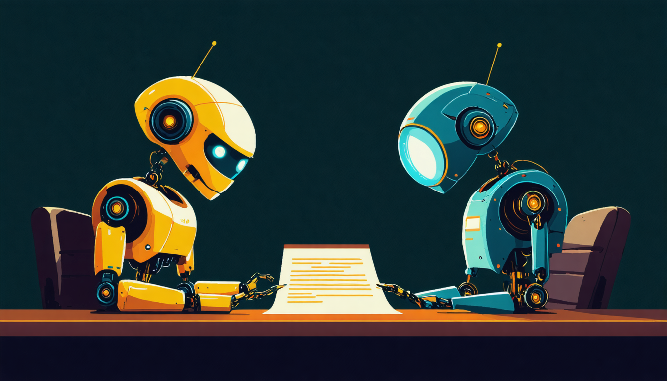 Two robots at a desk, one presenting a document while the other examines it skeptically