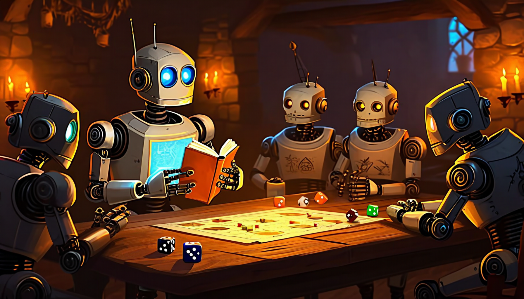 Robots playing a tabletop RPG in a tavern