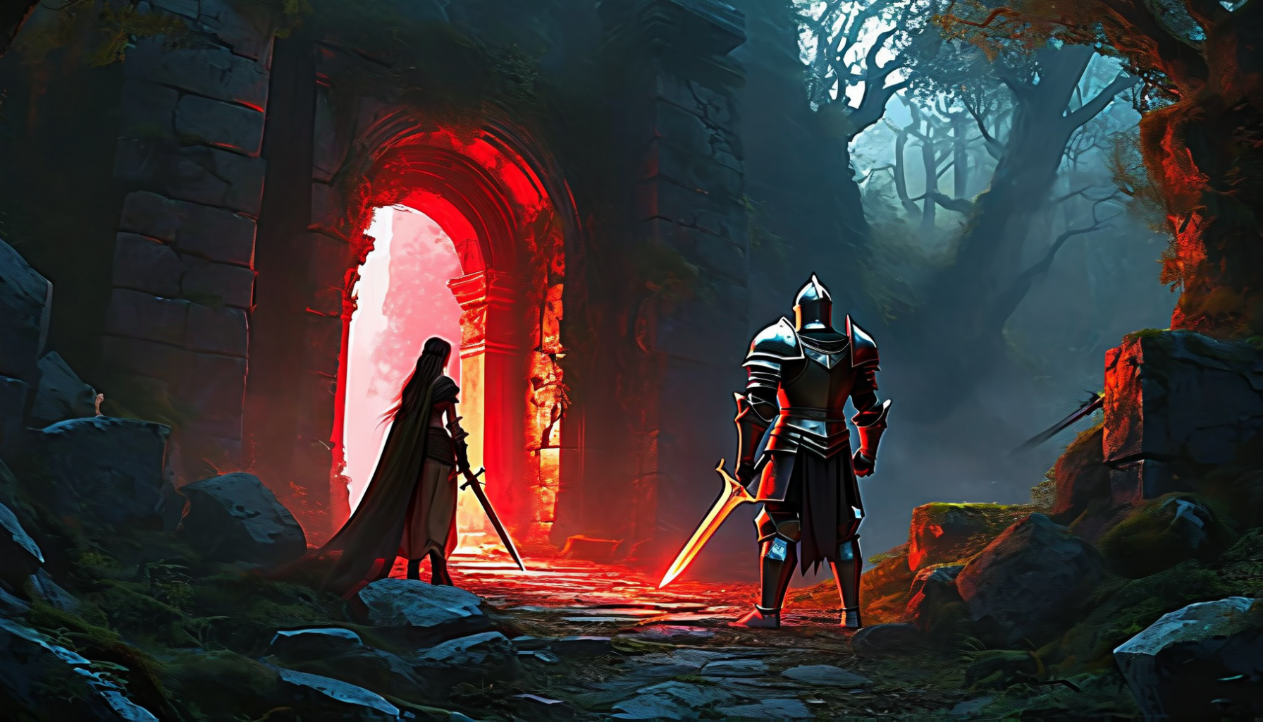 Two adventurers approaching ancient ruins with an ominous red glow