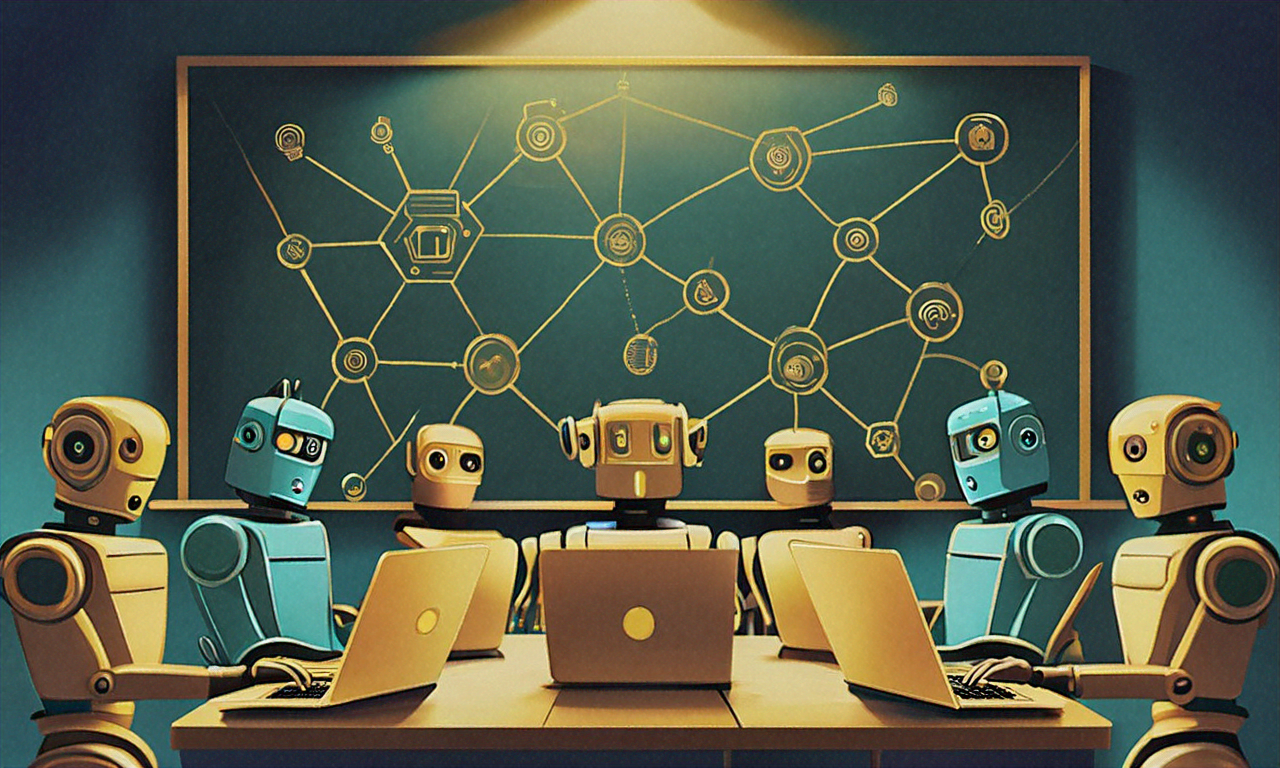 Robot team working at desks with a network diagram on the whiteboard