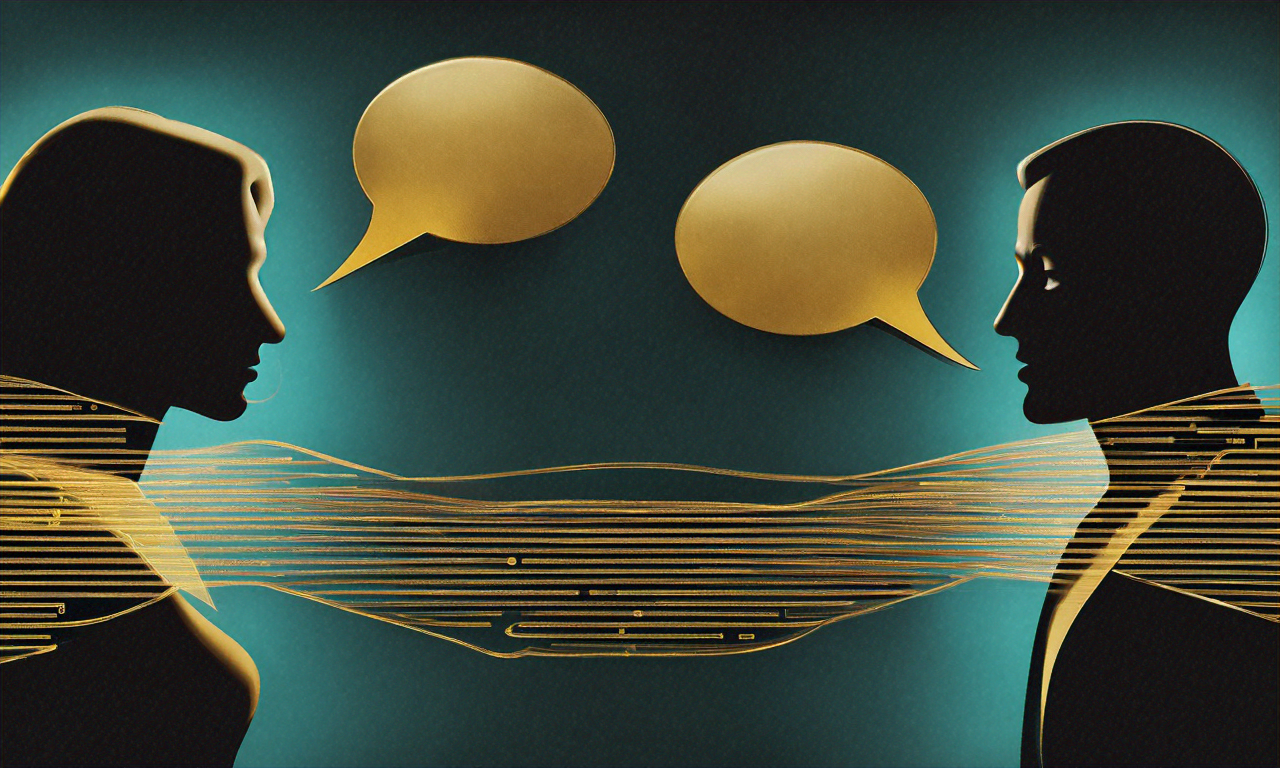 Two silhouettes in conversation with golden speech bubbles and code flowing between them