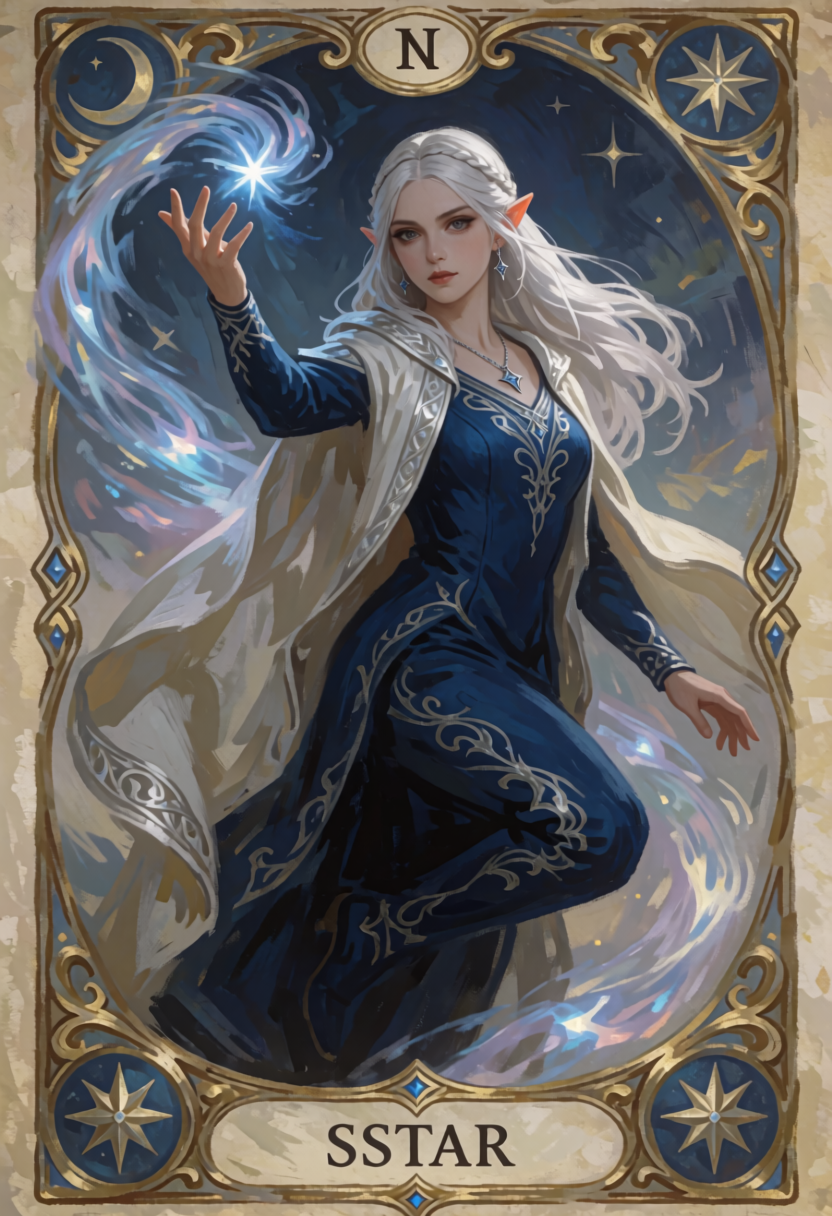 A tarot card in art nouveau style showing the elf Lyra in a dynamic pose, silver magic swirling from her raised hand.