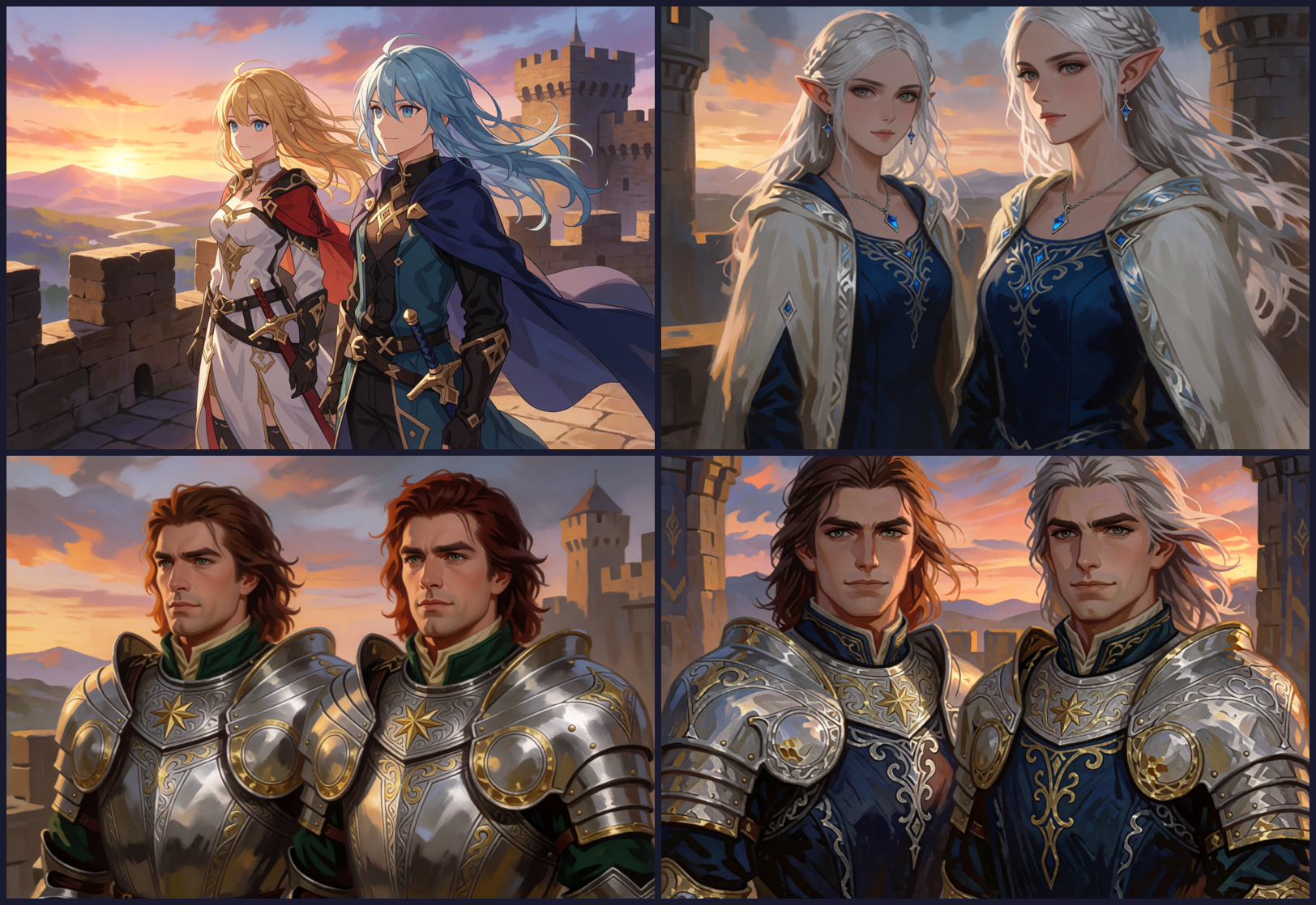 A two-by-two grid of couple portraits on a castle rampart. Top left: two generic anime characters. Top right: two identical elf women. Bottom left: two identical knights. Bottom right: two knights, one with silver hair.