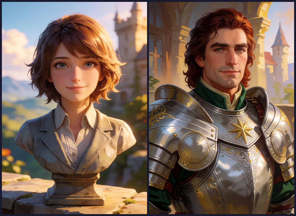 Two images side by side. Left: a literal stone bust sculpture of a young woman on a pedestal. Right: Jonathan the paladin, smiling in armor in a castle courtyard.