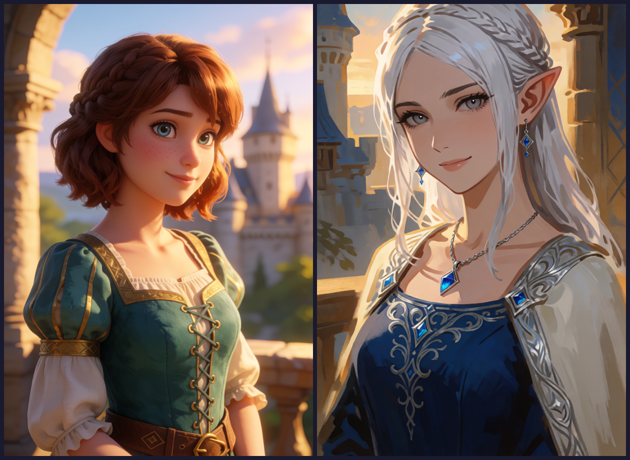 Two images side by side. Left: a generic elf woman who is not Lyra. Right: Lyra, unmistakably the same character as the training set, in a new scene.