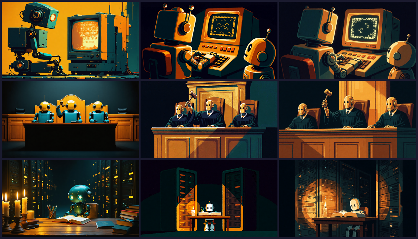 Nine images in a three-by-three grid: each row is one prompt, each column one backend. The left column varies wildly in style, the middle and right columns look like one consistent artist.