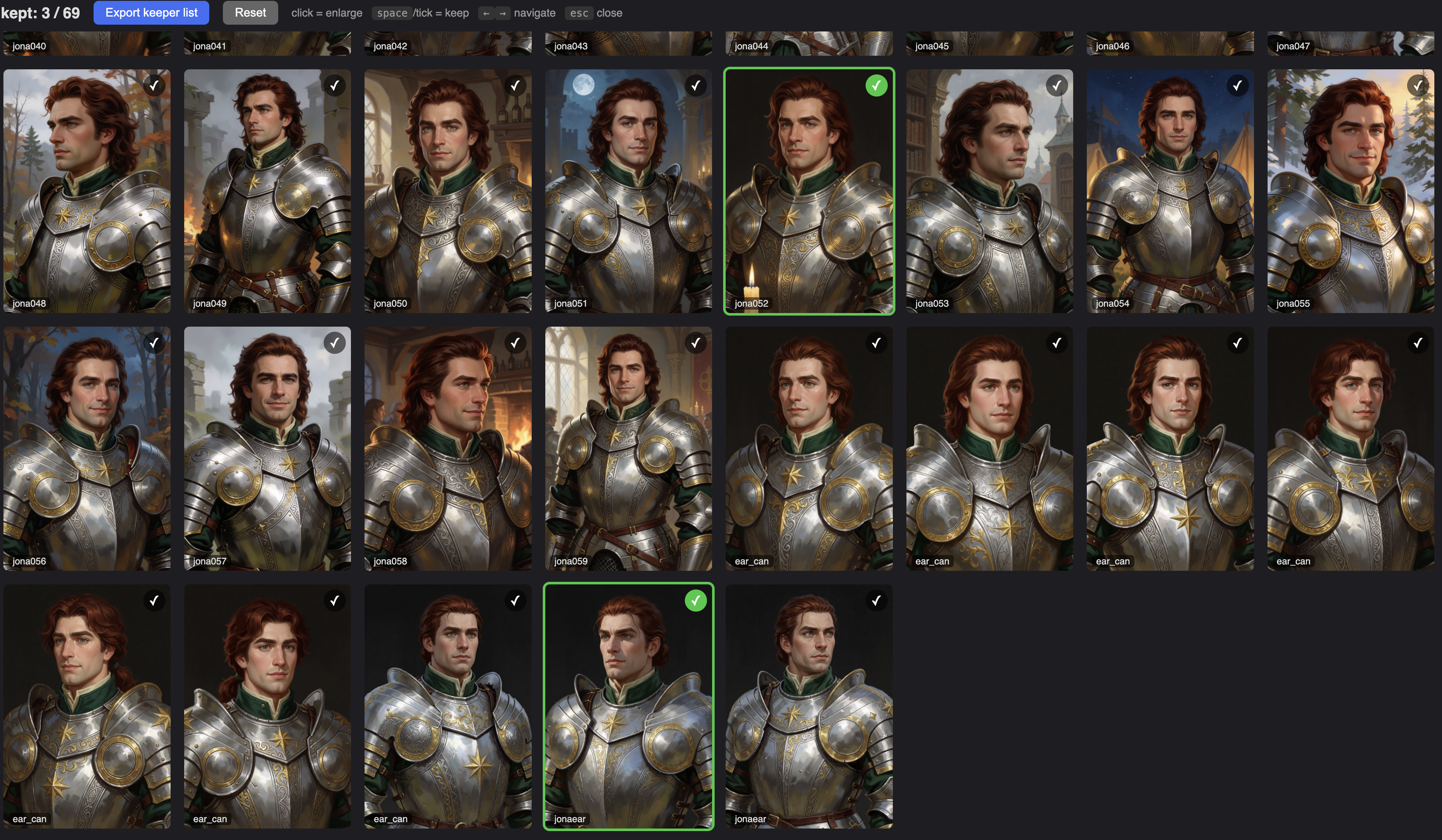 Another curation grid, this time of an armored knight with auburn hair. The bottom rows show him with hair pulled back, revealing round human ears.