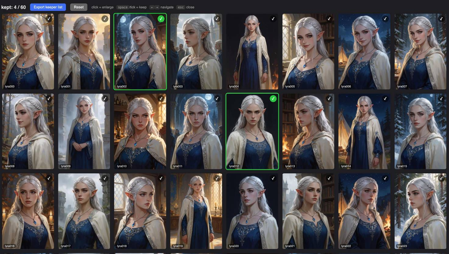 A grid of sixty AI-generated portraits of an elven woman. Every portrait wears the same blue dress and white cloak, but the faces clearly belong to different women.