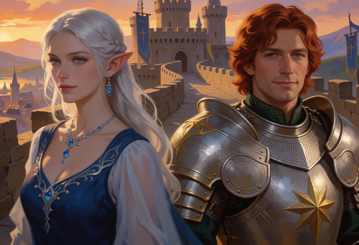 A silver-haired elf woman and an auburn-haired knight standing together on a castle rampart at sunset, one coherent painting
