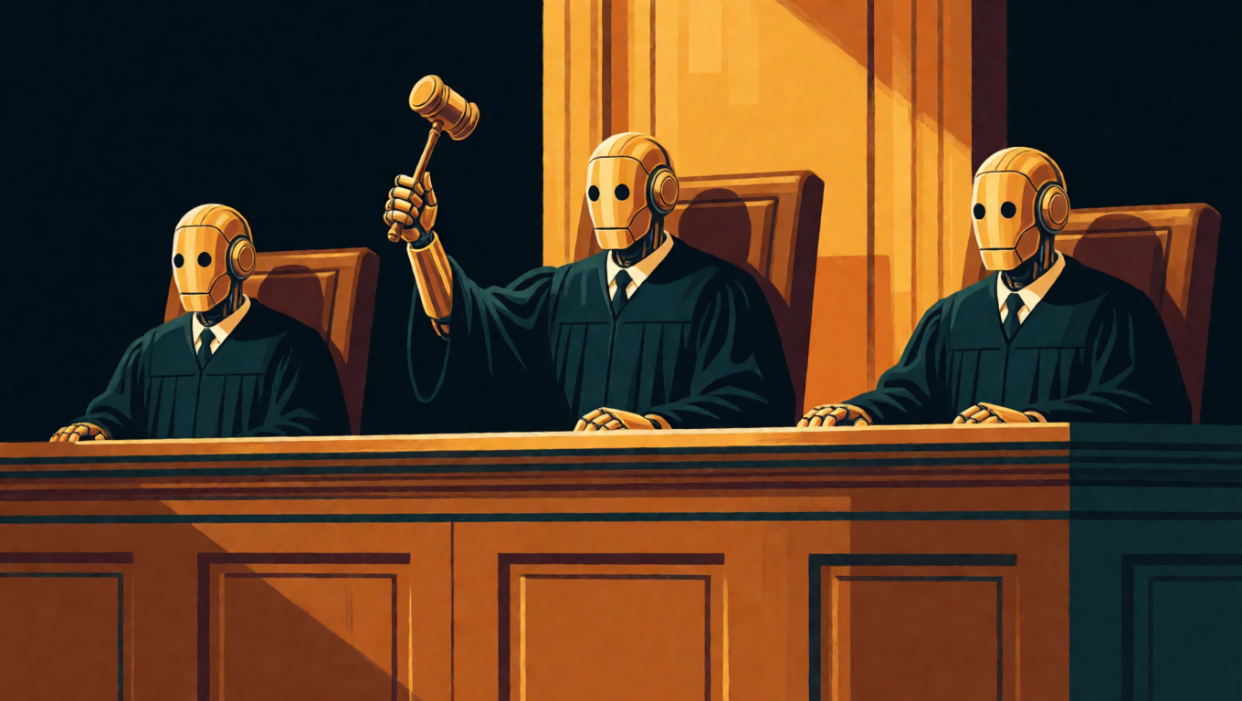Three robot judges at a courtroom bench, the middle one raising a gavel