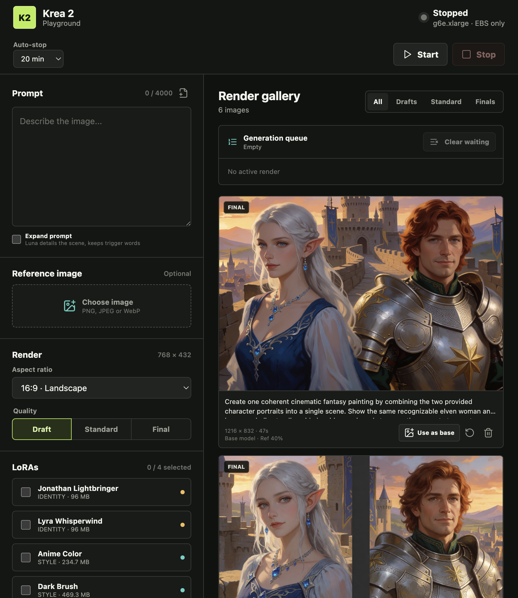 The Krea playground web interface: prompt editor and adapter list on the left, a render gallery on the right showing the two-character painting with its generation details.