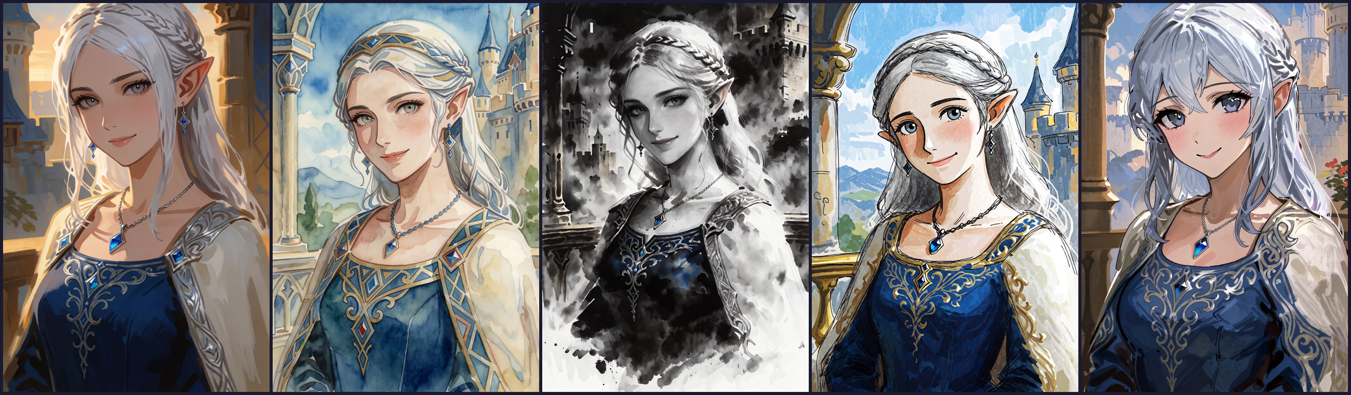 Five portraits of the same elf woman in a row: painterly house style, Art Deco watercolor, monochrome ink wash, a children&rsquo;s book sketch style, and anime.