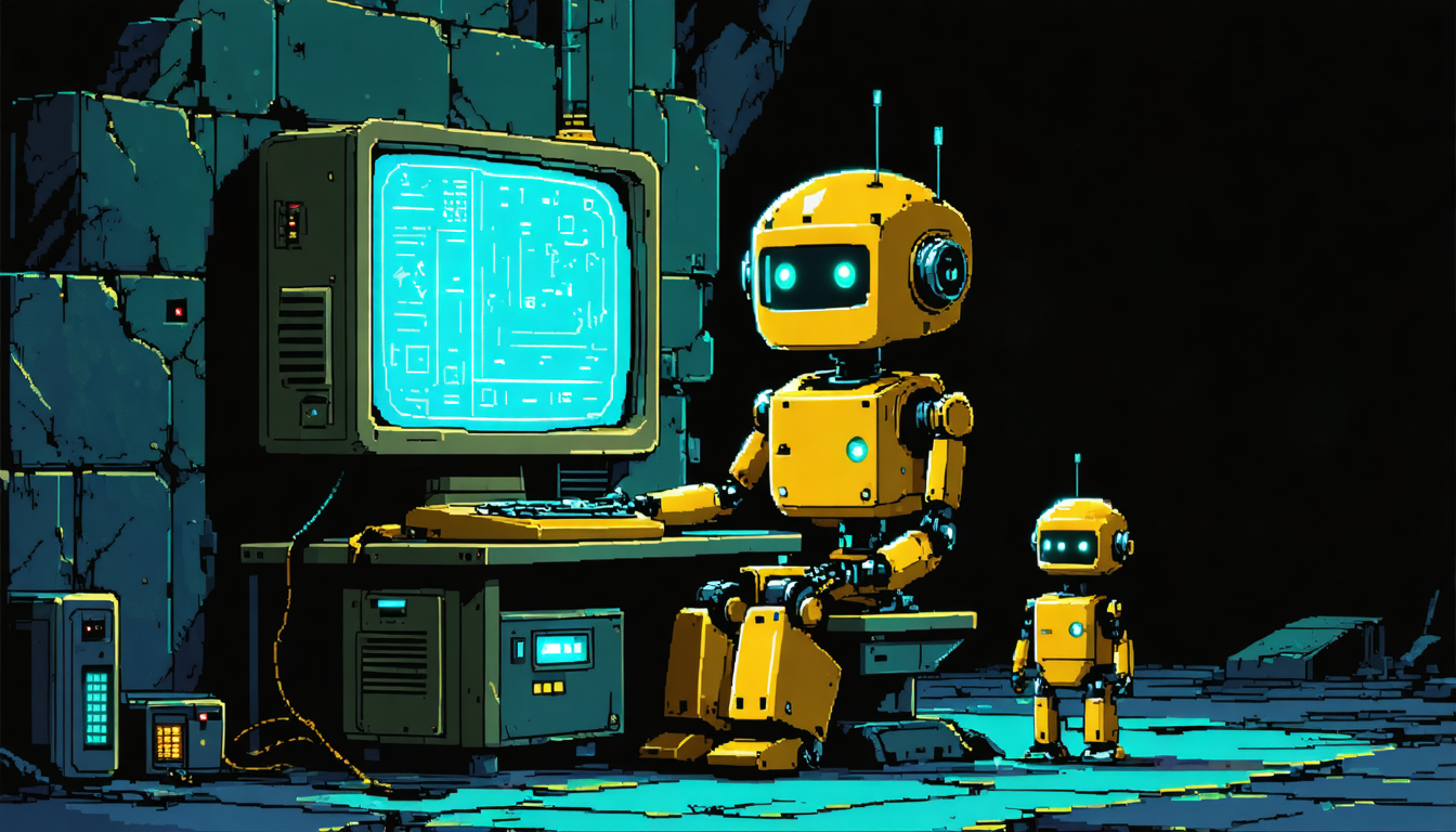 A robot playing a dungeon crawler on an old terminal while a smaller robot watches from the side