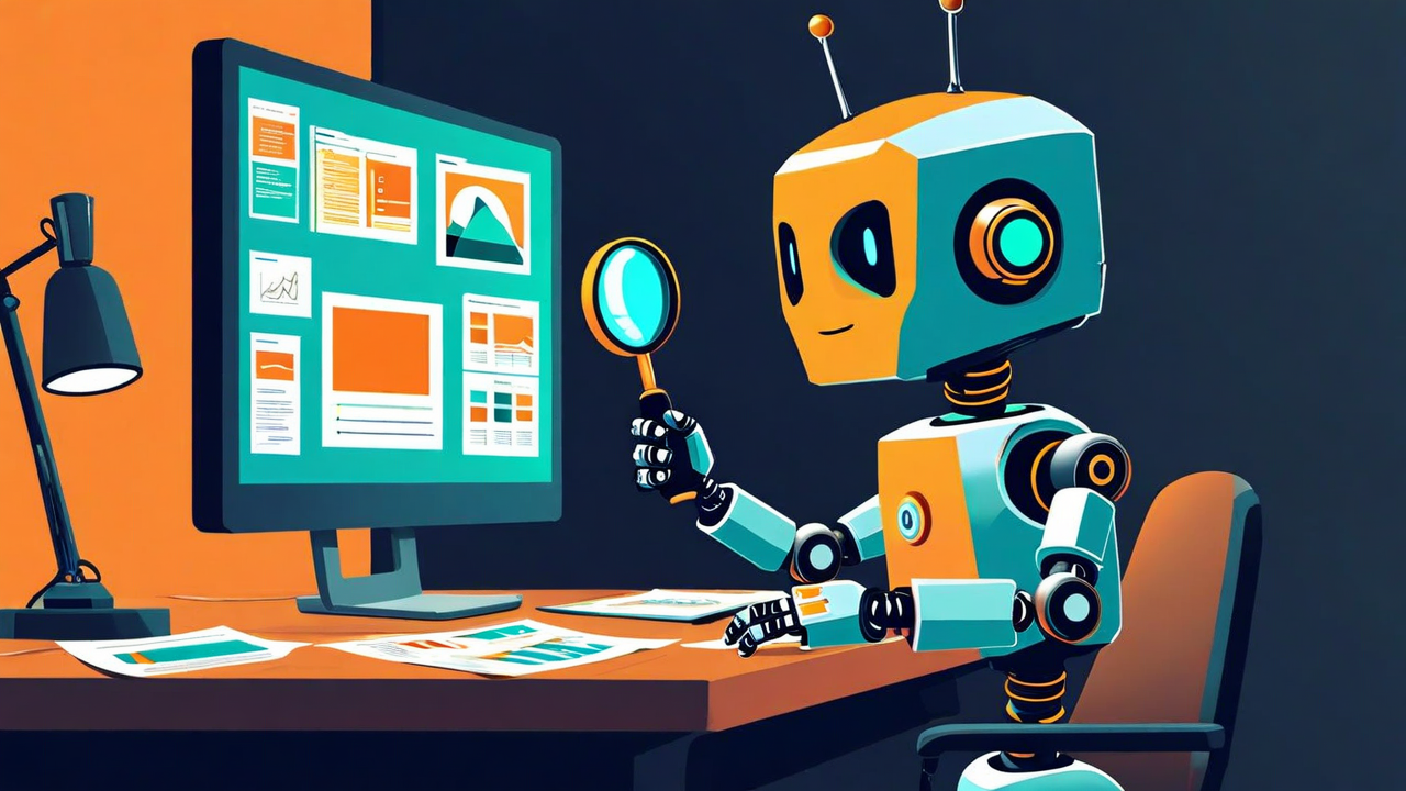 Robot reviewing presentation slides with a magnifying glass